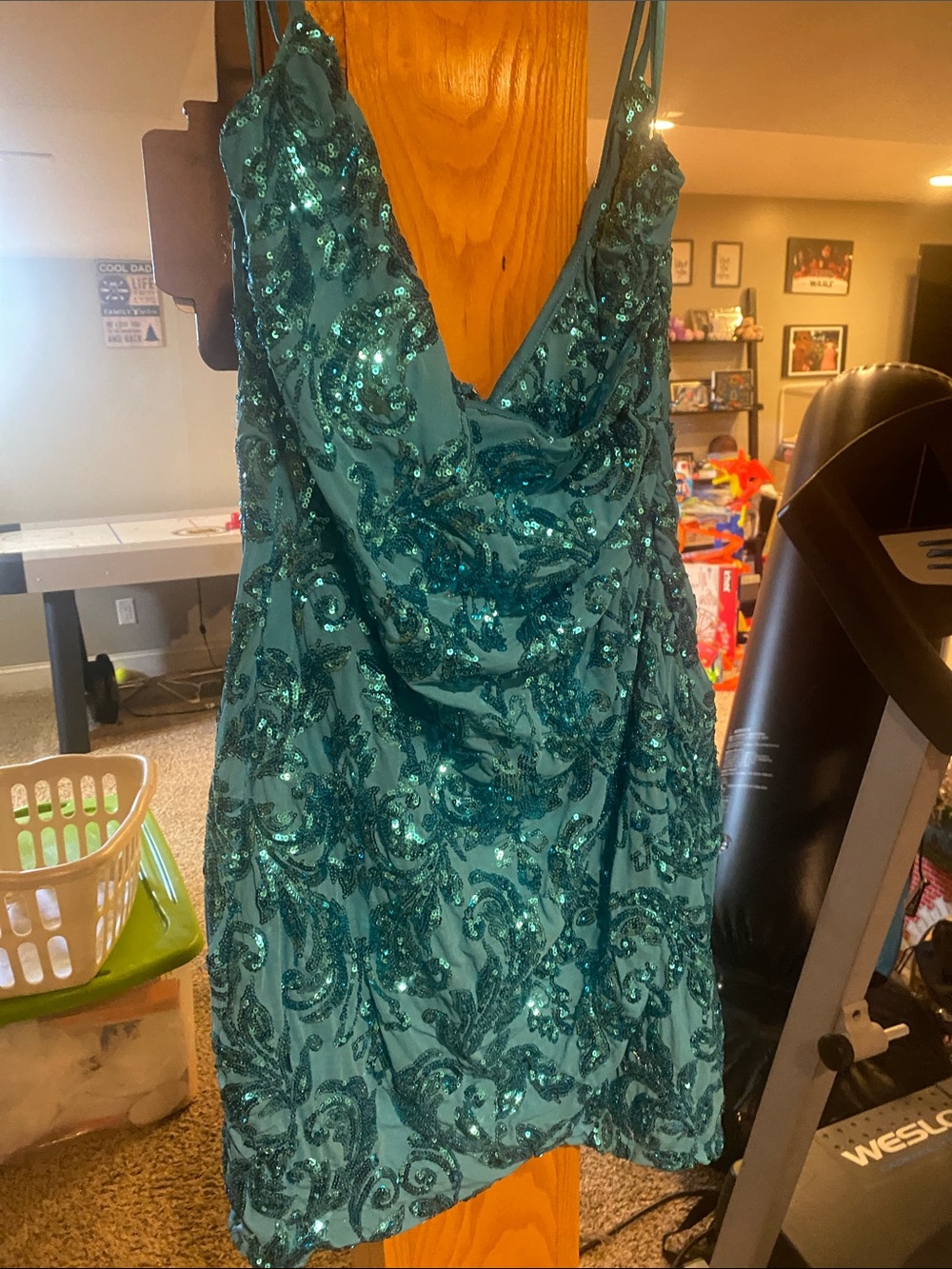 Blue Sequin Criss Cross Neck Mini Dress